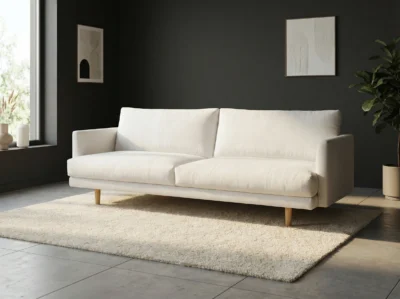 Šviesiu audiniu traukta sofa Bogart skandinaviškas stilius