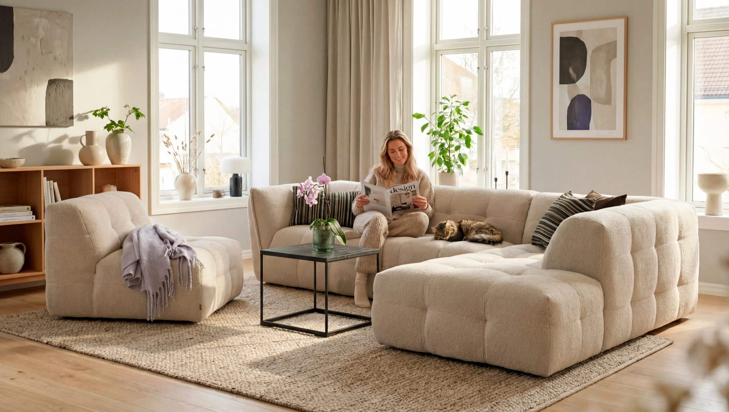 Moby minkštas kampas ir fotelis su šviesiu audiniu