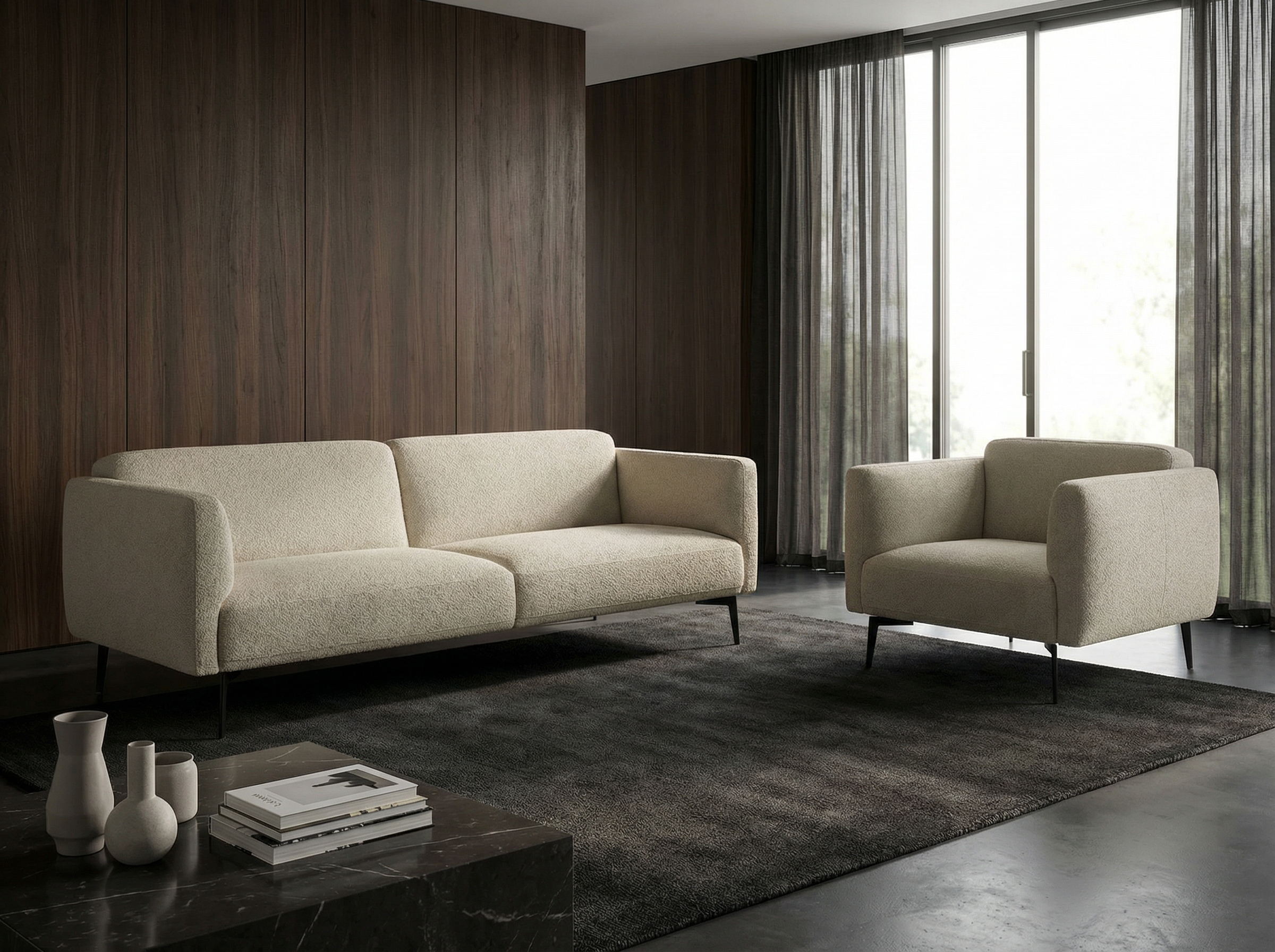 Šviesi lengva sofa su boucle audiniu Brooks