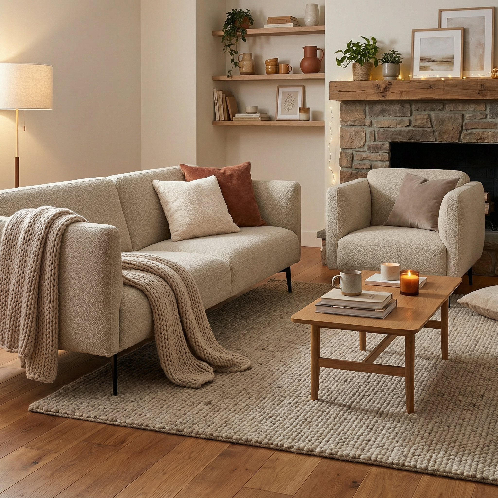 Trivietė sofa Brooks su šviesiu audiniu.