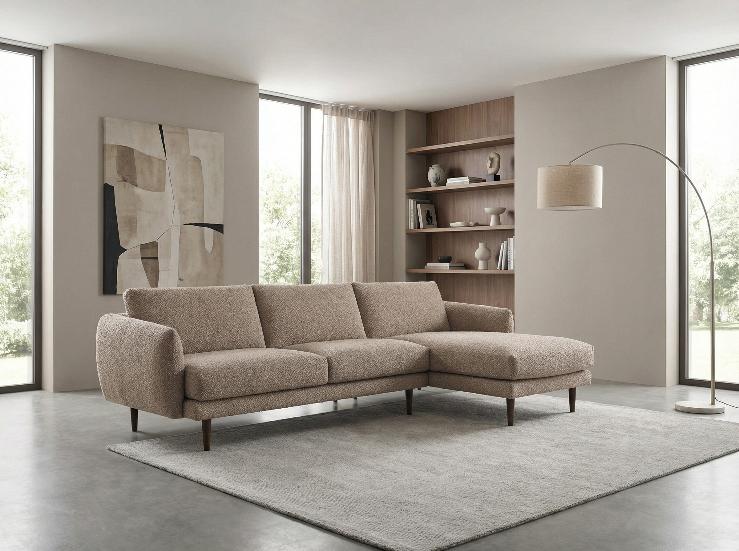 Groovy mikštas kampas su rusvu boucle audiniu.