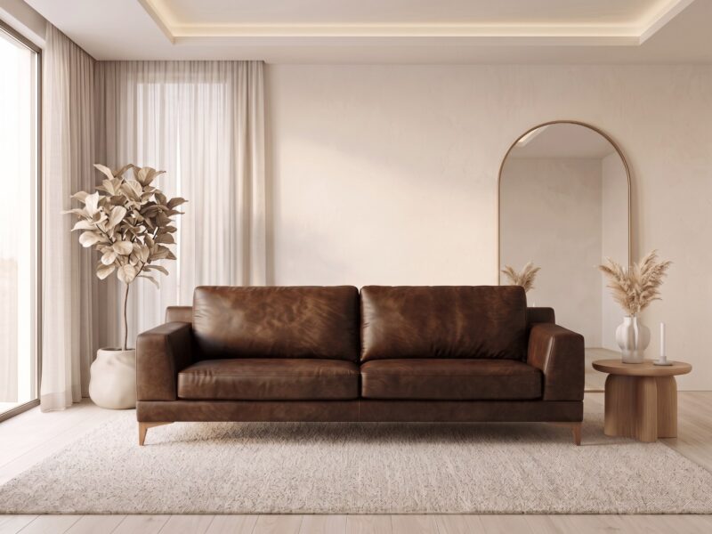 HARRIS odinė sofa – Africa Tabac oda, interjeras