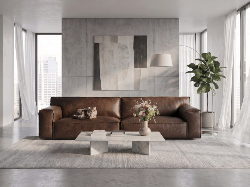 WHISPER odinė sofa – Africa Tabac oda, interjeras